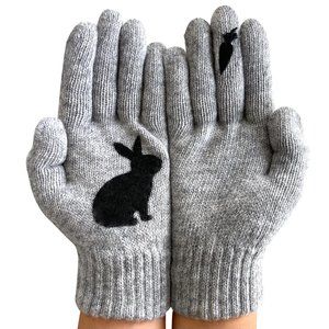 Artist Handmade Light Grey GLOVES w/BUNNY RABBIT & CARROT